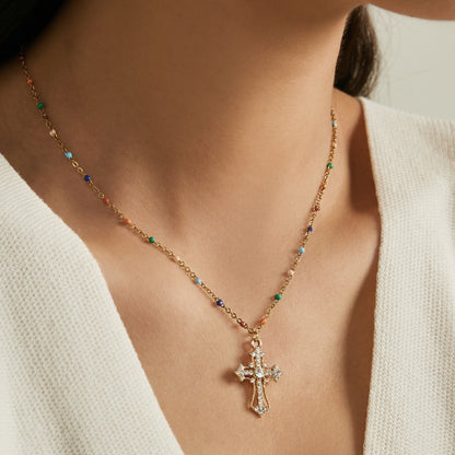 Multicolor Bead Cross Necklace