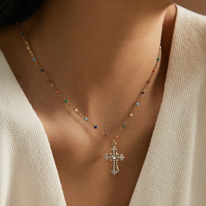 Multicolor Bead Cross Necklace