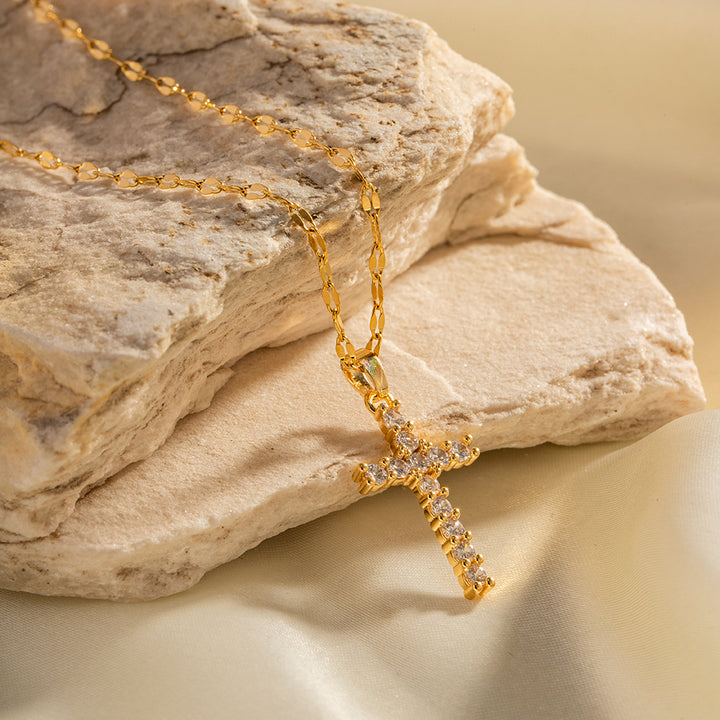 18k Gold-Plated Stainless Steel Cross Necklace with White Cubic Zirconia Pendant