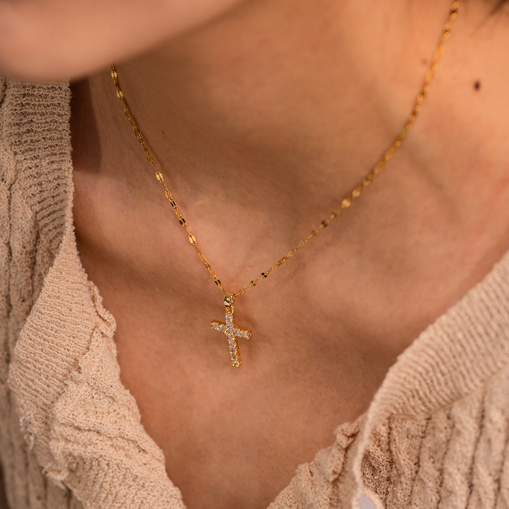 18k Gold-Plated Stainless Steel Cross Necklace with White Cubic Zirconia Pendant