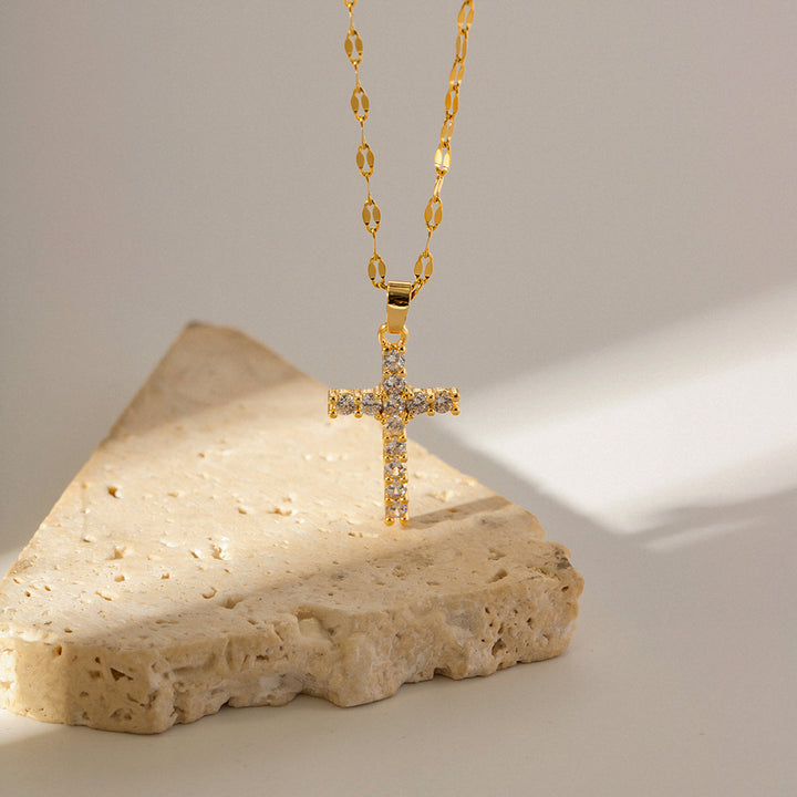 18k Gold-Plated Stainless Steel Cross Necklace with White Cubic Zirconia Pendant