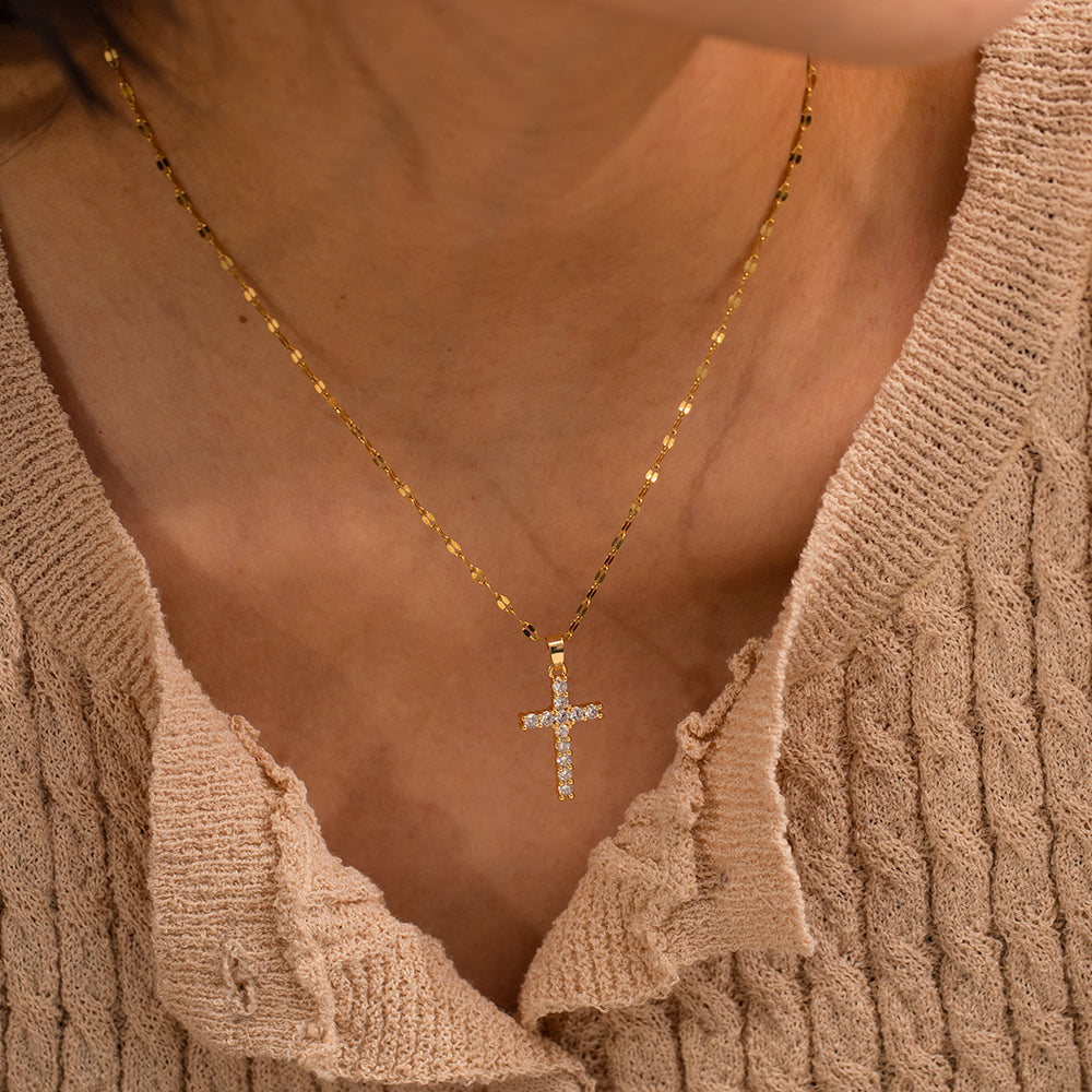 18k Gold-Plated Stainless Steel Cross Necklace with White Cubic Zirconia Pendant